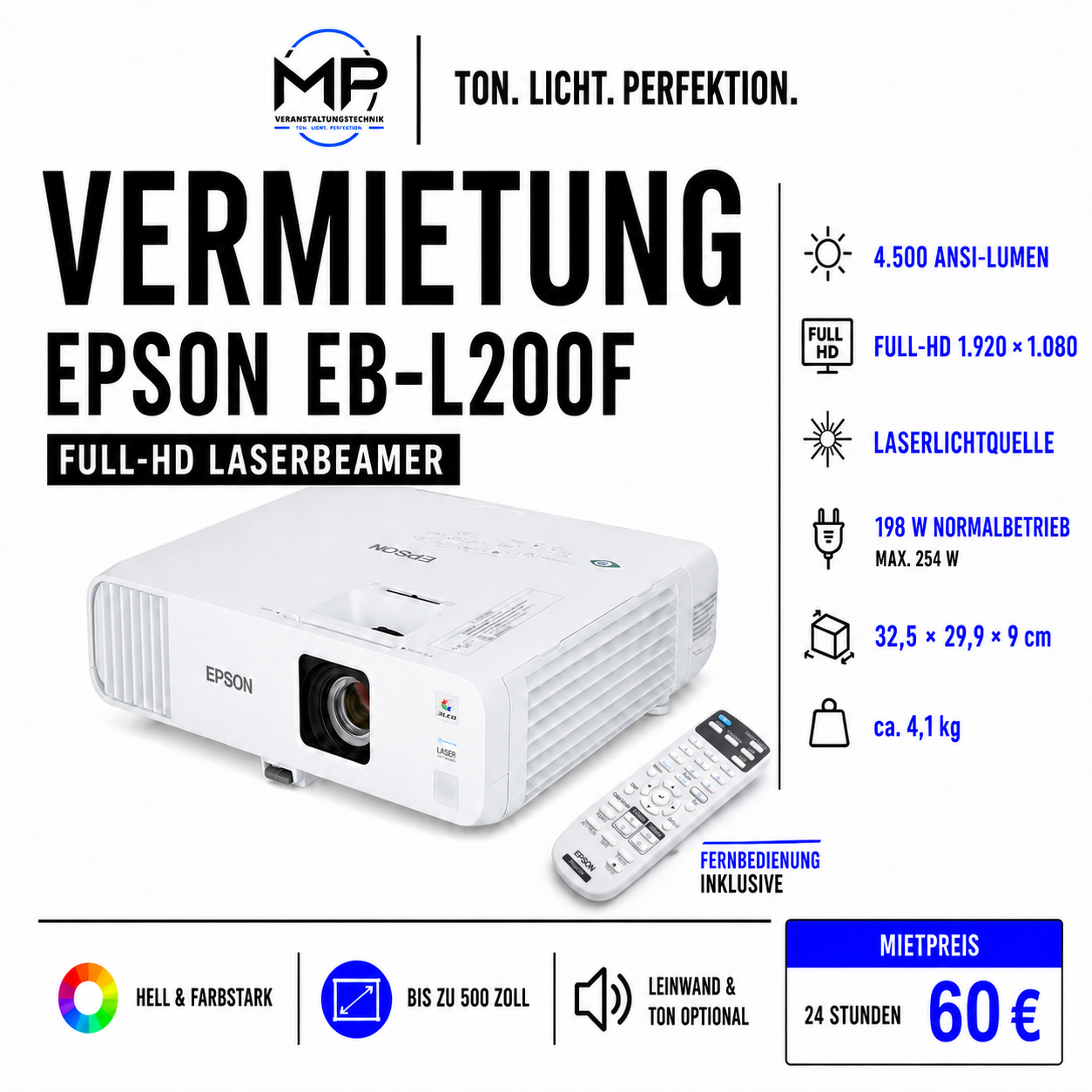 Epson Full-HD Laser-Beamer mieten – 4.500 ANSI-Lumen | Leinwand & Lautsprecher optional
